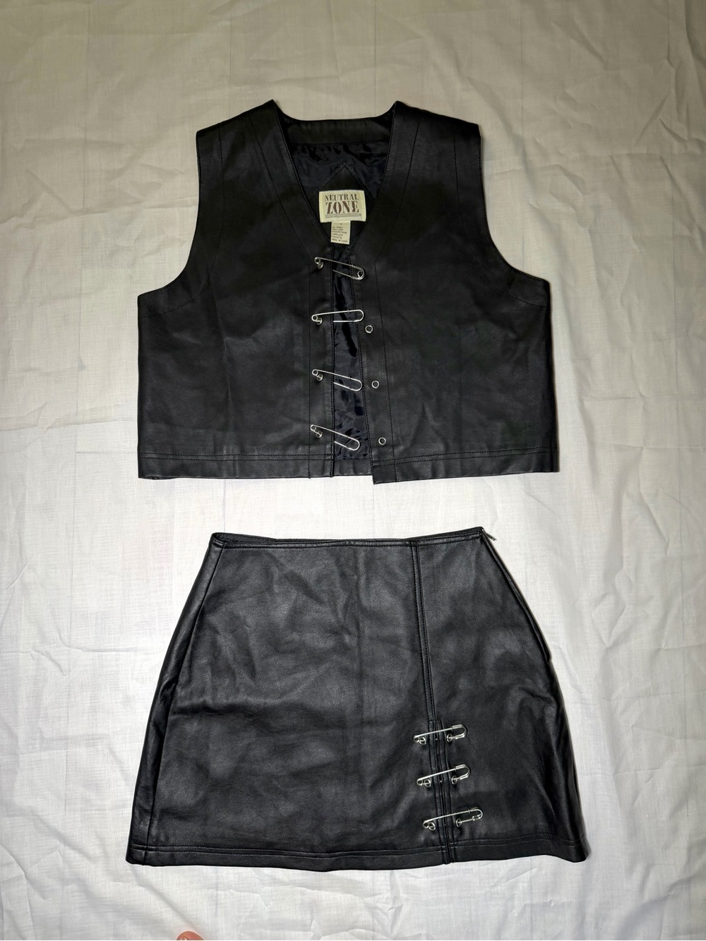 Vintage Neutral Zone - Black Faux Leather Mini Skirt and Vest Set